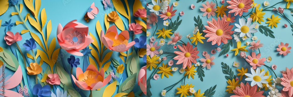 Wall mural spring flowers pattern made from colorful paper, collection