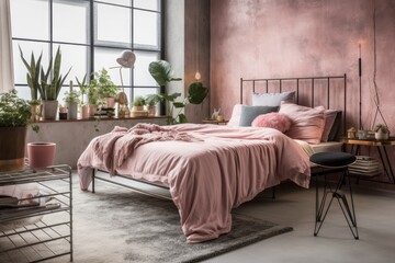 industrial chic bedroom with a pink king size bed and contemporary accents. Generative AI