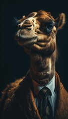 camel in a stylish business suit. Portrait of a business animal in a tuxedo. generative ai