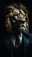lion in a stylish business suit. Portrait of a business animal in a tuxedo. generative ai