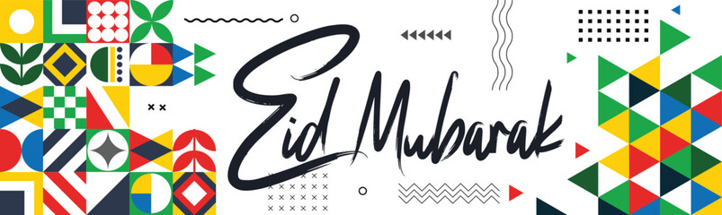 Eid Mubarak banner design with calligraphy, for islamic festival. Greeting card for holy month of Ramadan. Abstract colorful modern retro eid ul fitr or eid ul adha card.