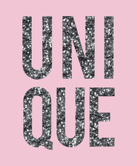 Words embroidered with sequins. Sequin design to use in your t shirt or sweatshirt designs. Sparkly, shiny, sequin fashion graphic lettering design. Unique Design