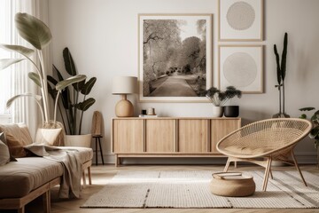 A chic and contemporary beige living room interior design featuring a mock up poster frame, a beige wooden sideboard, a plant, and accessories with a bohemian flair. Template. Generative AI