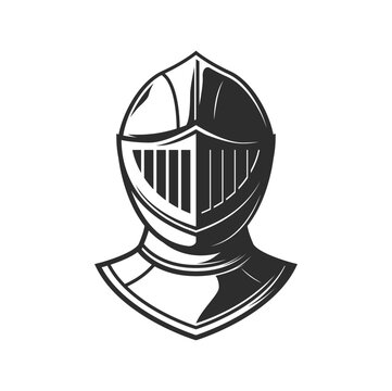 Knight warrior helmet, heraldry armor with visor. Vector medieval knight, spartan soldier, roman gladiator or greek warrior metal helm front view. Ancient battle armour, old iron helmet isolated sign