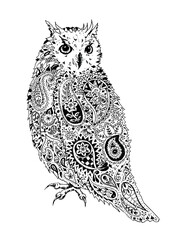 Zentangle Owl with Paisley and Heart Motifs: A Stunning Vector Illustration for Artistic and Nature-Inspired Designs