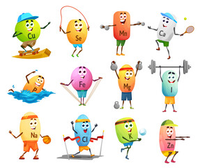 Cartoon cheerful minerals sportsman characters, micronutrient. Vector copper, selenium, manganese and calcium. Phosphorus, ferrum, iodine or natrium, chlorium, potassium, kalium and zinc sportsmen
