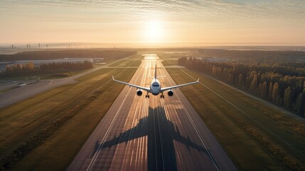 Aerial view of narrow body aircraft departing airport runway. generative ai