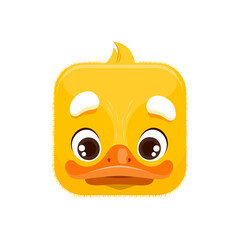 Duckling cartoon kawaii square animal face. Baby duck bird isolated vector character portrait with beak, eyes and yellow plumage. Farm bird, zoo avatar, app button, icon, graphic design element