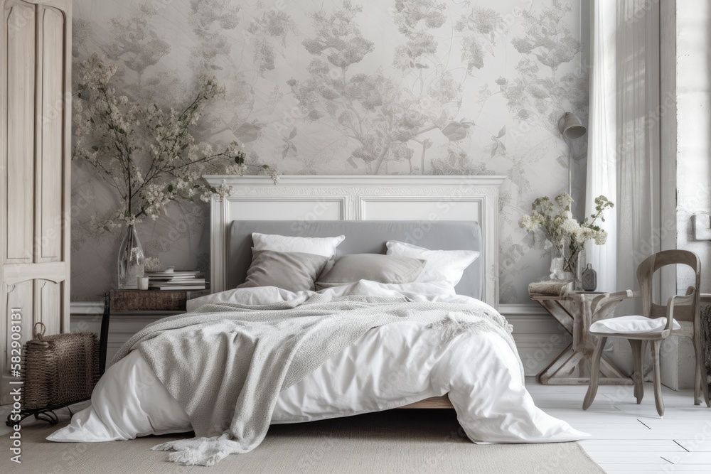 Sticker Mock up of a farmhouse bedroom's interior decor in white and gray tones. Furniture made of wood and wallpaper. Bohemian interior design. Generative AI