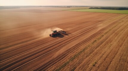 Taking care of the Crop. Aerial view of a Tractor fertilizing a cultivated agricultural field.  generative ai