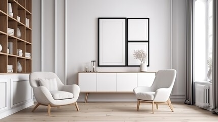 Fototapeta na wymiar White Blank Mockup poster frame on the wall of living room. Luxurious apartment background with contemporary design. Modern interior design. generative ai