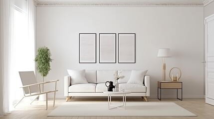 White Blank Mockup poster frame on the wall of living room. Luxurious apartment background with contemporary design. Modern interior design. generative ai