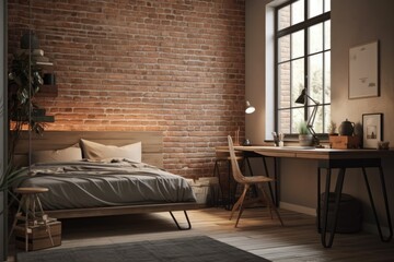 Interior design for a small, comfortable bedroom in a home that features a cozy bed, a simple workstation with a computer, a wood chair, and a brick wall. Generative AI
