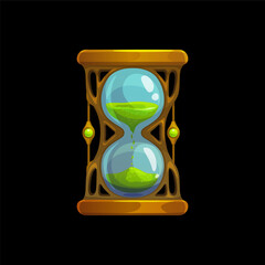 Magic sand glass clock, isolated sandglass or hourglass, cartoon vector. Fantasy or fairy tale time hour timer or sand glass clock with green crystal sand flow in sandglass or magic hourglass