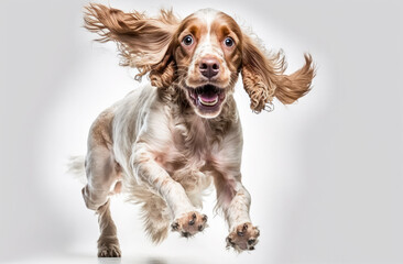agile cocker spaniel with flying ears isolated on white background. Generative AI
