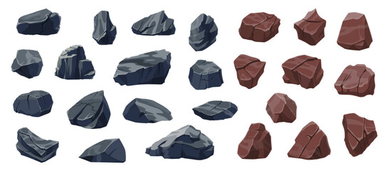 Cartoon rock stones and boulders. Rubble, gravel, cobble vector set. Mountain natural elements, geological materials, rocky pieces different shapes isolated black and brown lumps, landscaping objects © Vector Tradition