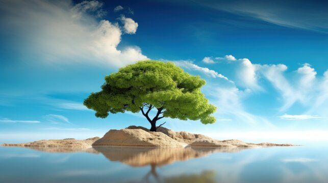 A landscape with blue sky and a single green tree. Generative AI. 