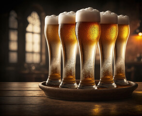 Fresh Cold Beer  on a Bar Counter . AI generated Illustration.