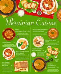 Ukrainian cuisine food menu page. Chicken Kiyv, stuffed peppers and meat vegetable stew, sauerkraut casserole, buckwheat bread with walnuts and Borscht with pampushkas, potato meat pie and pancakes