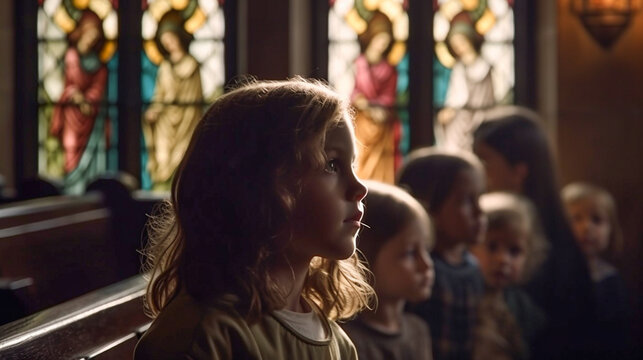 Several Children Gather in the Church for Mass Gazing Up at Jesus on the Cross - Generative AI.