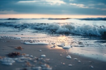 Seascape beach background. light of calm sea and blue sky. Focus on sand foreground. generative ai