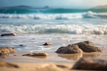 Seascape beach background. light of calm sea and blue sky. Focus on sand foreground. generative ai