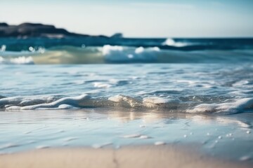 Fototapeta na wymiar Seascape beach background. light of calm sea and blue sky. Focus on sand foreground. generative ai