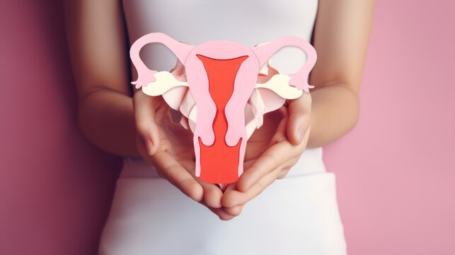 Female reproductive health concept. Woman hand holding uterus shape made frome paper on pink background. Awareness of uterus illness such as endometriosis, PCOS, or gynecologic cancer. GENERATIVE AI