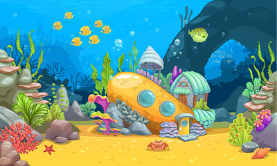 Obraz na płótnie Canvas Underwater landscape with sunken submarine. Cartoon vector sub boat house building. Undersea dwelling with portholes, roof, door, seaweeds and corals on sandy seafloor. Mermaid living architecture