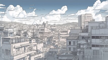 Vast empty city building background. Anime cartoon style drawing. Generative AI technology.
