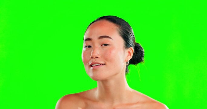 Beauty, eye patch and woman portrait on green screen background for skincare, dermatology and cosmetics. Asian female model with spa facial or self care mask on skin while happy with mockup results