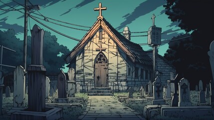  Wooden church on graveyard background. Anime cartoon style drawing. Generative AI technology.