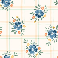 Delicate Chintz Romantic Meadow Wild Flowers and Plaid Checks Vector Seamless Pattern. Cottagecore Garden Flowers and Foliage Print. Homestead Bouquet. Farmhouse Background - 582910985