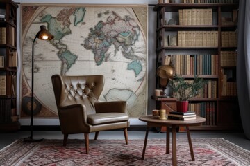 Interior design of a chic library room with a vintage carpet, a retro armchair, a wooden table, a bookstand, books, and mock up posters of maps. Generative AI