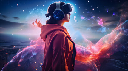 woman with virtual reality glasses, metaverse concept, virtual reality, augmented reality, multiverse, videogames