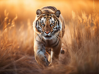 Fototapeta na wymiar Tiger Walking in a Grassland at Sunset. AI generated Illustration.