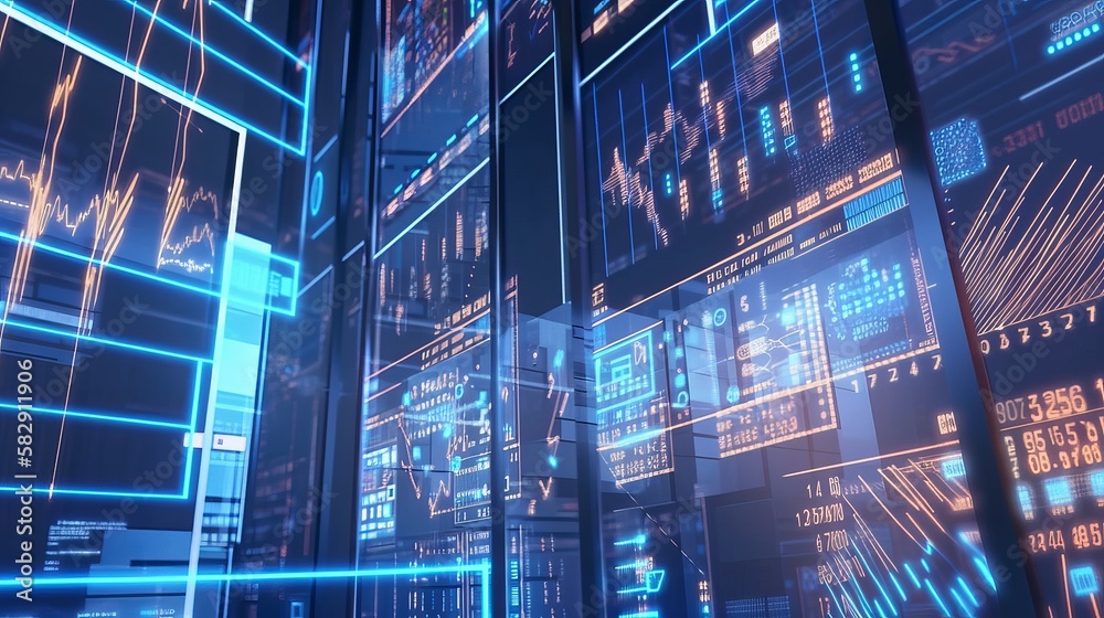 Poster Bigdata finance analytics visualization background. Generative AI technology.