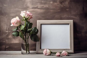 Rose mockup with a white photo frame that is empty on an aged background. Top view, copy space Creating a home. artistic idea. Generative AI