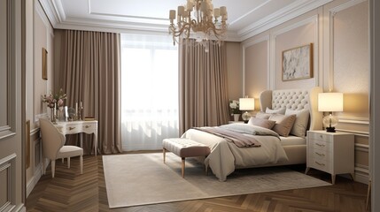 Fancy bedroom on minimalist white classic style interior background. Generative AI technology.