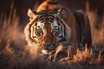 Tiger Hunting in a Grassland at Sunset. AI generated Illustration. - 582912120