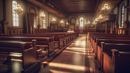 Church wooden classic interior background. Generative AI technology.