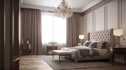 Bedroom on royal modern classic style interior background. Generative AI technology.