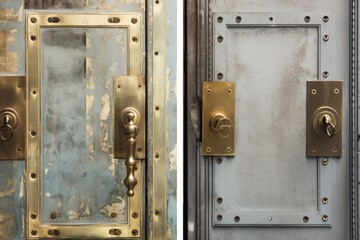 Part of a metal front door with a metal surface and a hinge. Generative AI
