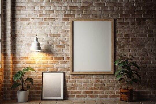 frame for a poster. Inside of a room with a lamp and a plant. Background includes a window and a brick wall. Generative AI