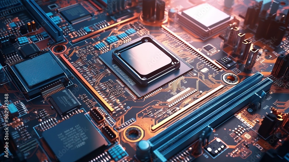 Poster Processors microchip technology background. Computer system network. Generative AI technology.	
