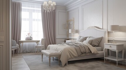 Bedroom on minimalist modern classic style interior background. Generative AI technology.