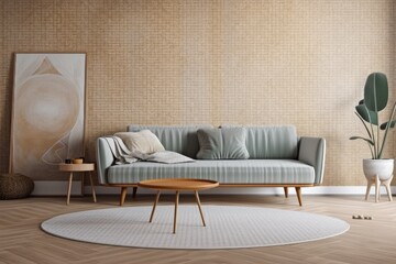 Scandinavian style sofa in a room with wooden floors, a circular carpet, and a middle table with decorative accents. Mockups of artwork, prints, and wallpaper can be displayed on empty walls