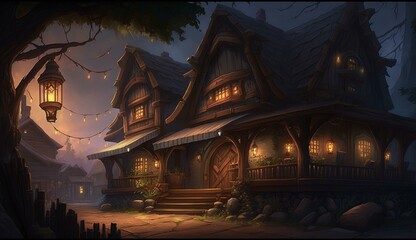 Fototapeta premium Generative AI, fantasy Tavern, medieval Tavern, medieval building, fantasy Taverne, mittelalterliche Taverne, mittelalterliche Gebäude.
