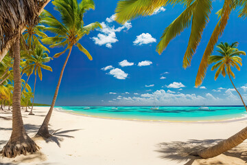 paradisiacal beach in the caribbean with palm trees sun and a turquoise sea. Generative AI