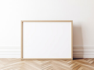 Horizontal wooden frame mock up on wooden floor with white wall